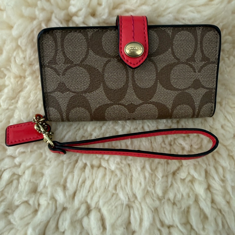 Coach Signature Brown and Red Phone Wristlet